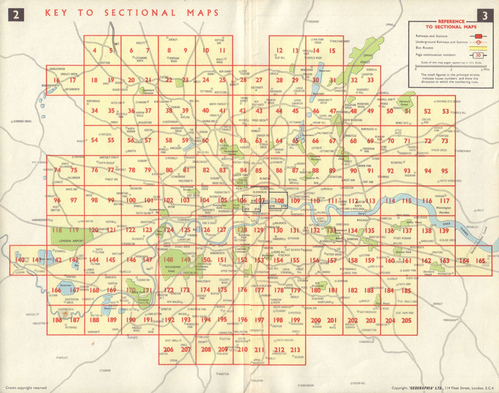 LONDON Index map major roads Railways underground tube bus routes 1965 old