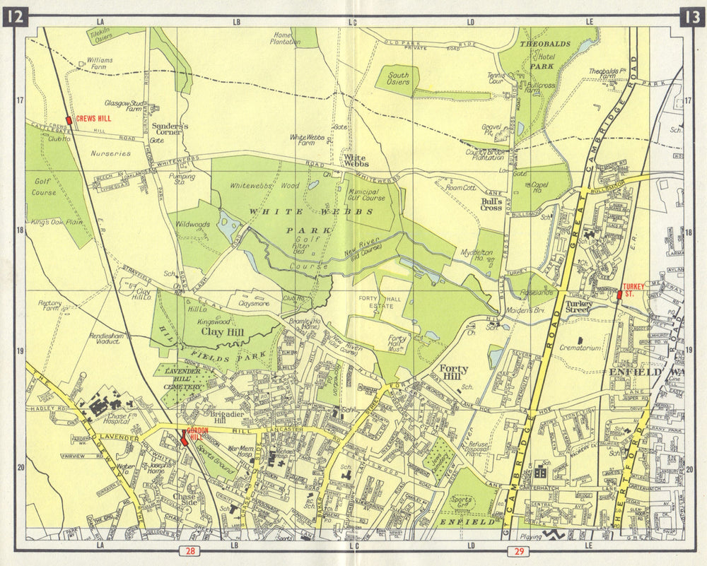 N LONDON Enfield Eash Clay Forty Gordon Crews Hill Turkey Street 1965 old map