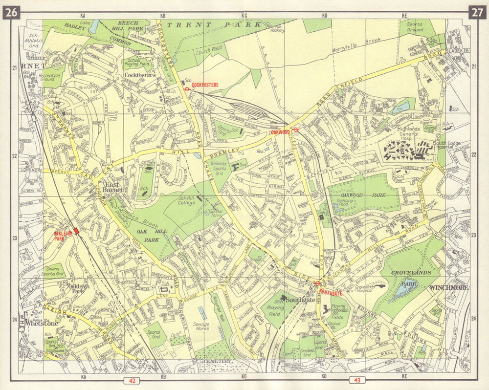 N LONDON Southgate Cockfosters Oakleigh Park East Barnet Winchmore 1965 map