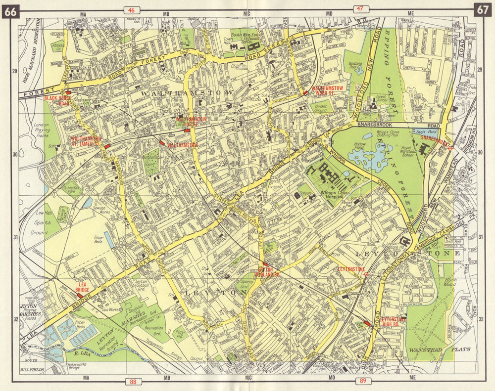 NE LONDON Walthamstow Leytonstone Leyton Lea Bridge Snaresbrook 1965 old map