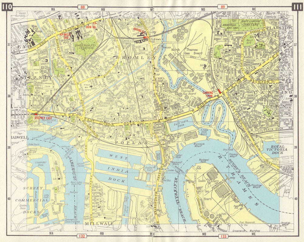 E LONDON Bromley Mile End Limehouse Canning Town Millwall Poplar 1965 old map