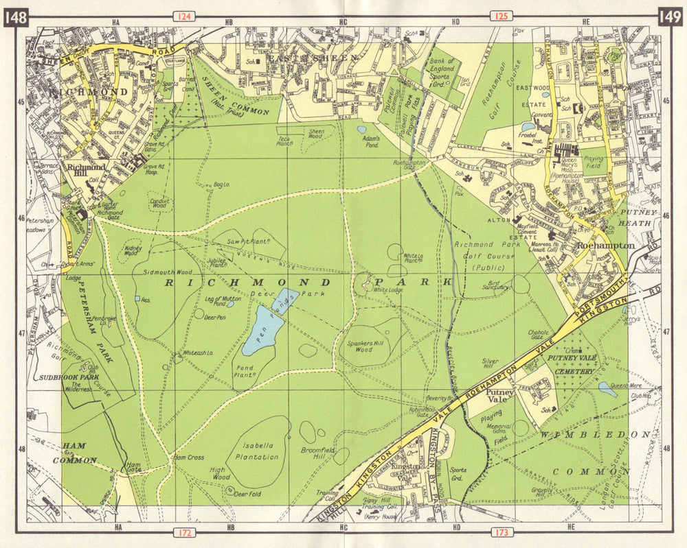RICHMOND PARK East Sheen Roehampton Kingston Vale Wimbledon Common 1965 map