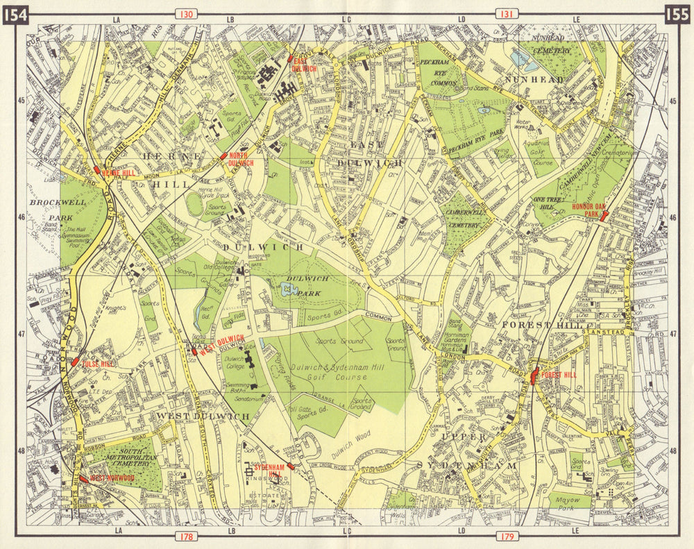 S LONDON Upper Sydenham Forest Hill Tulse Hill Dulwich Nunhead 1965 old map