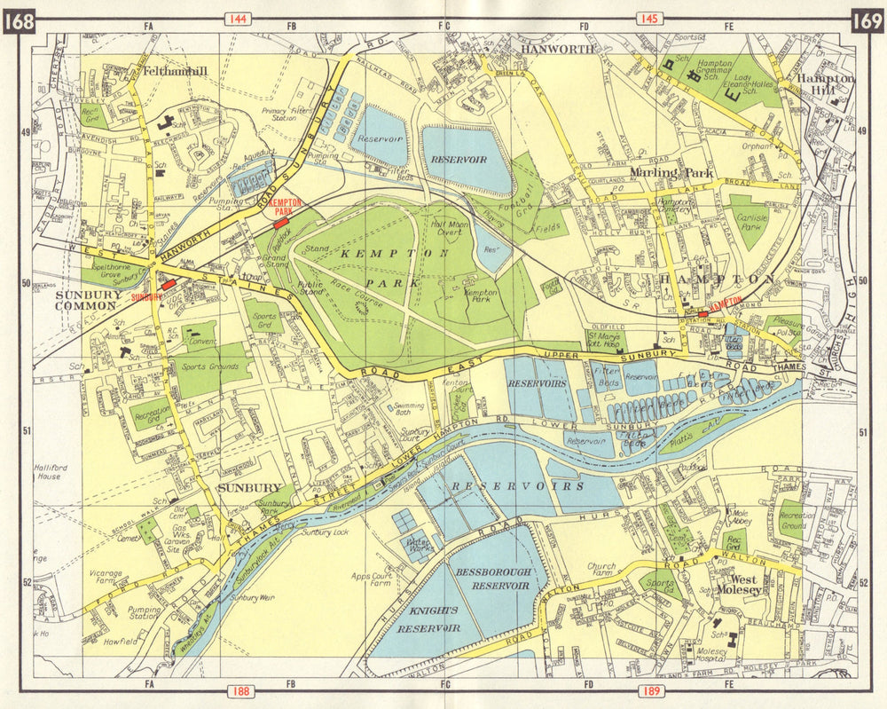 SW LONDON Sunbury Hampton West Molesey Kempton Park Hanworth Feltham 1965 map