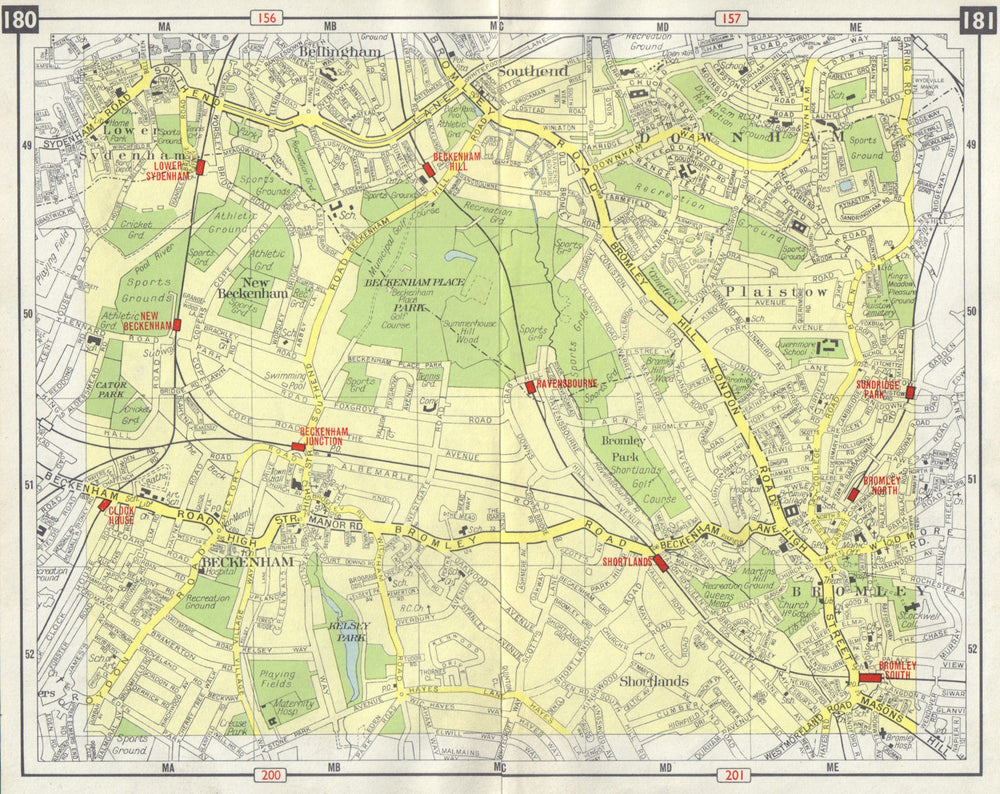 SE LONDON Beckenham Sydenham Downham Bromley Shortlands Plaistow 1965 old map