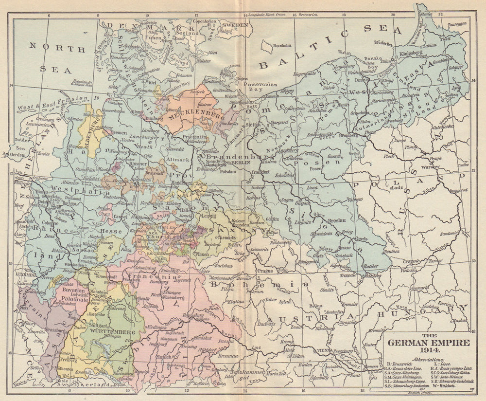 GERMAN EMPIRE. Prussia Bavaria Saxony Baden Wurttemberg 1914 old antique map