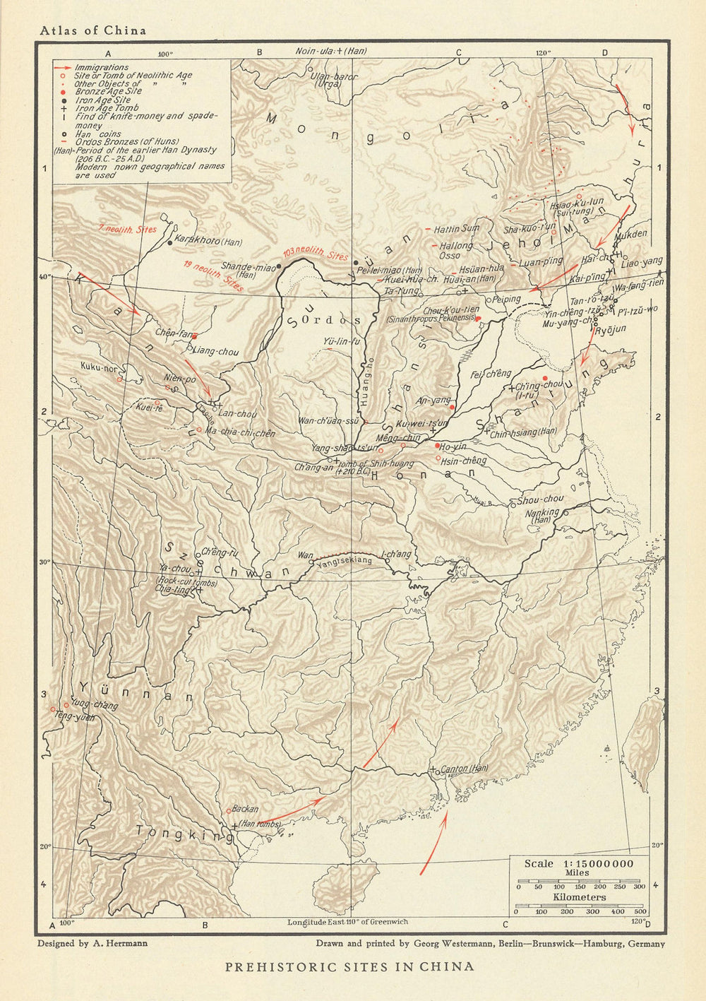 Prehistoric sites in China. Neolithic, Bronze & Iron Age. Migrations 1935 map