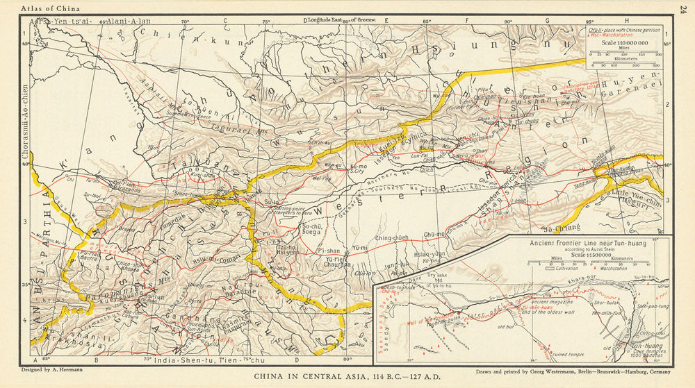 China in Central Asia 114 BC-127 AD Ancient Frontier near Tun-huang 1935 map