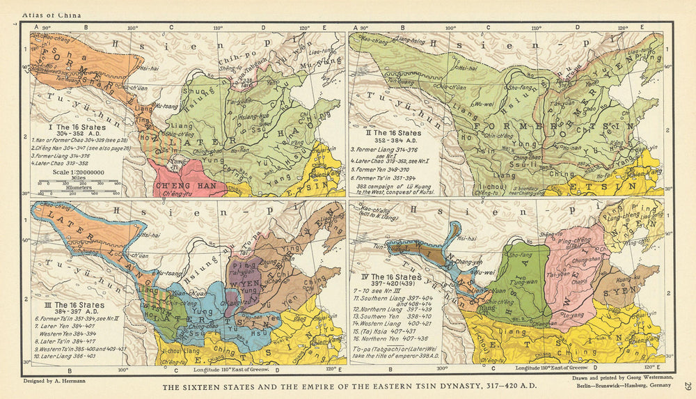 The sixteen states & Empire of the Eastern Jin Dynasty, 317-420 AD 1935 map