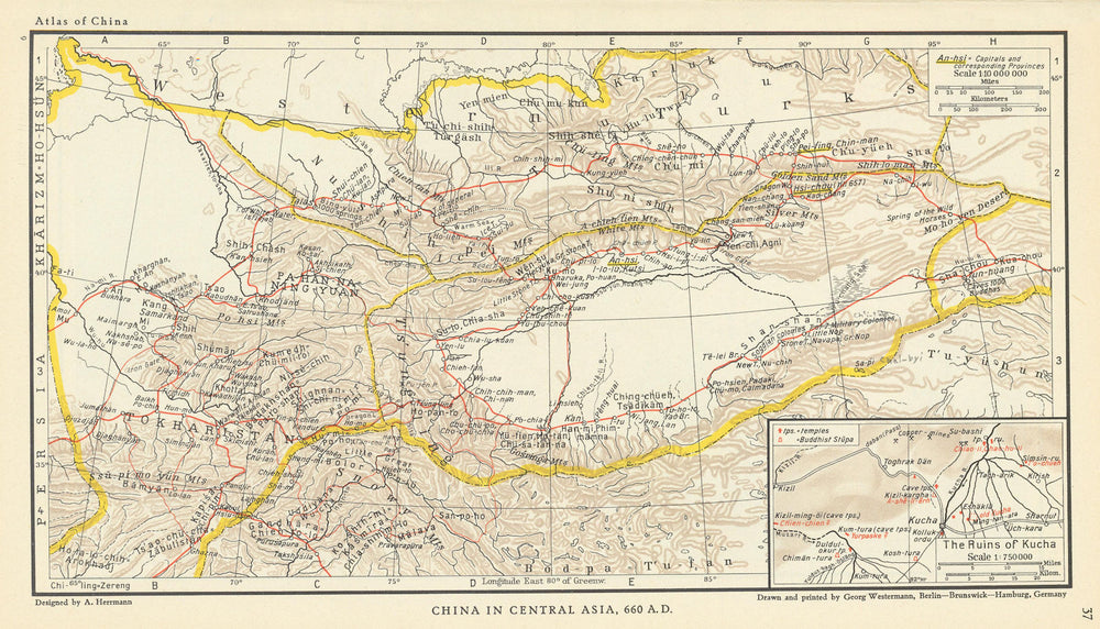 China in Central Asia, 660 AD. Ruins of Kucha. Subashi 1935 old vintage map