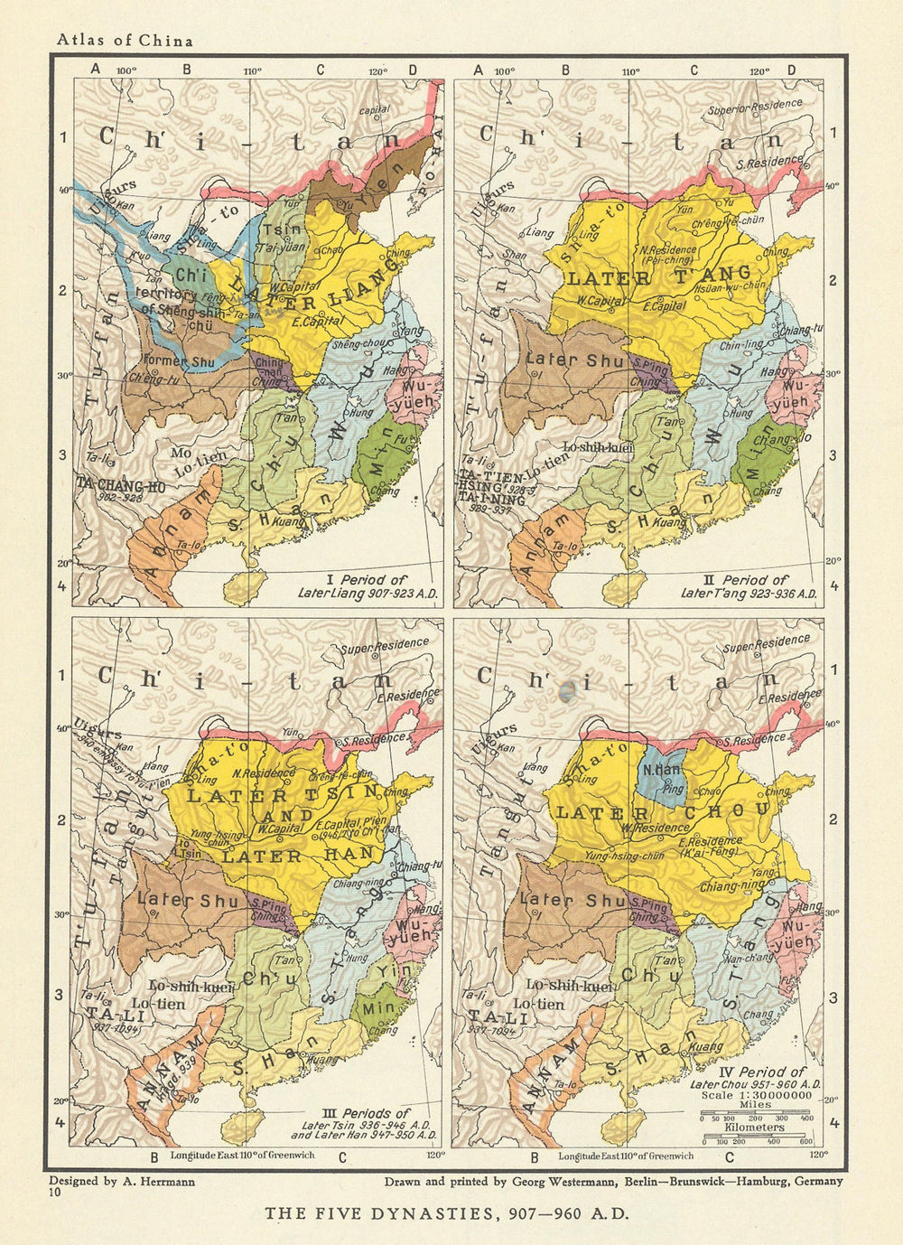 China. Five Dynasties 907-960 AD. Tsin Han Tang Chou Liang Shu Chu Wu 1935 map