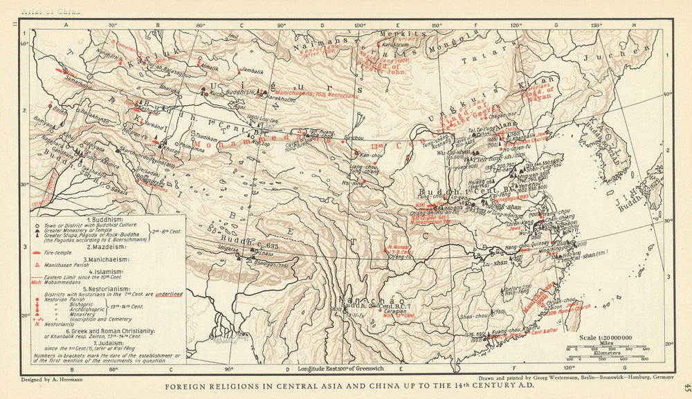 Central Asia & China religions <14C Buddhism Islam Mazdeism Manichaeism 1935 map