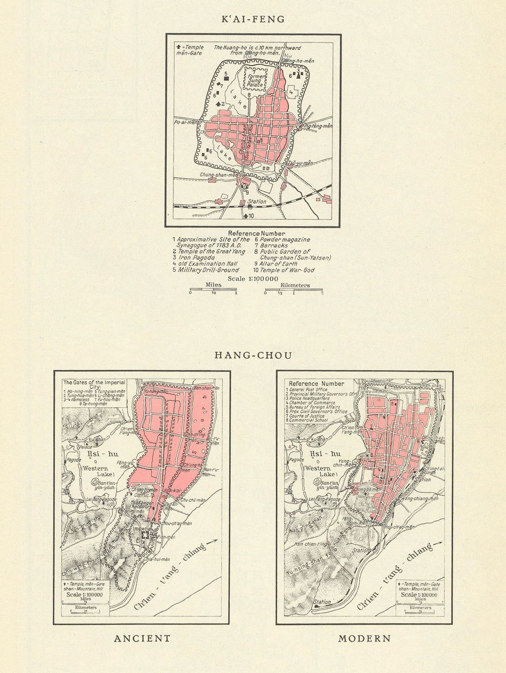 Kaifeng & Hang-Chou Hangzhou ancient & modern city plans, China 1935 old map