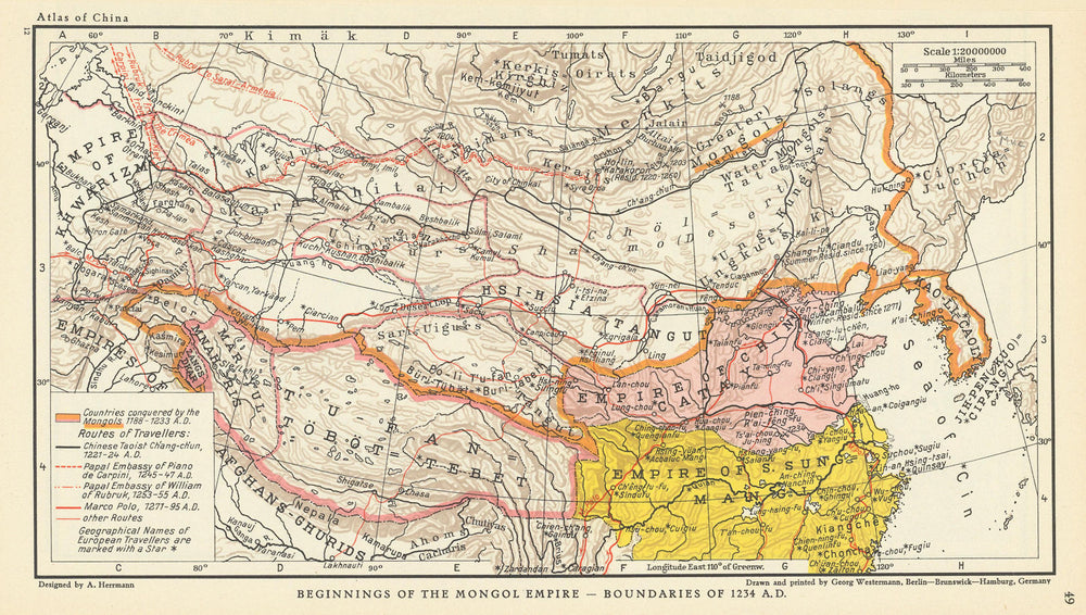 Beginnings of the Mongol Empire. 1234 AD borders. Mongolia China 1935 old map