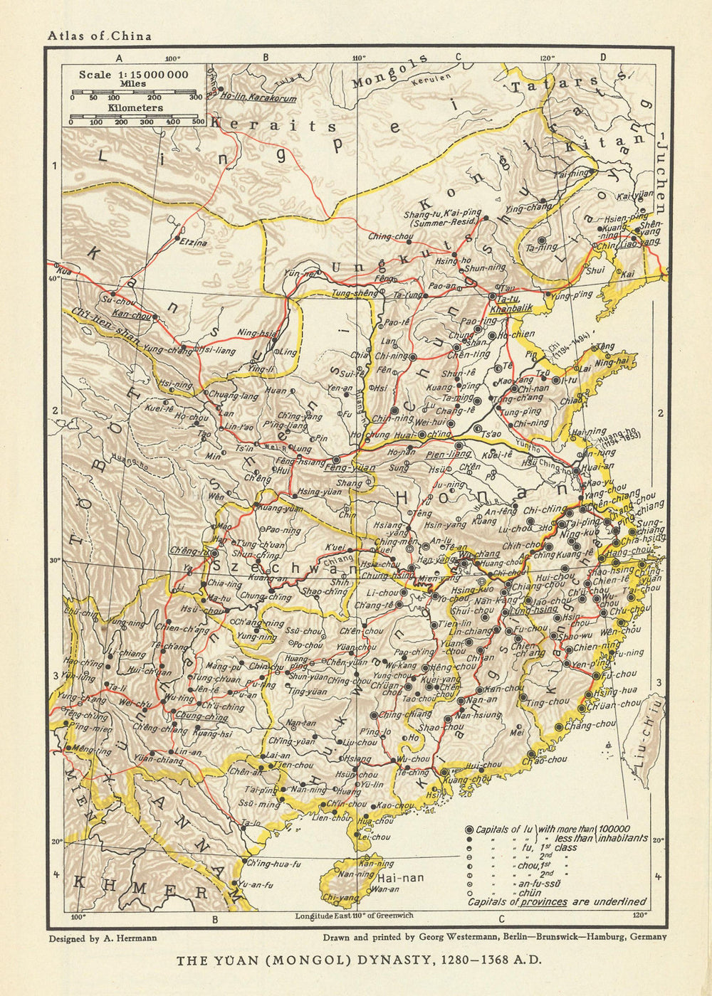 China. The Yuan (Mongol) Dynasty, 1280-1368 AD 1935 old vintage map plan chart