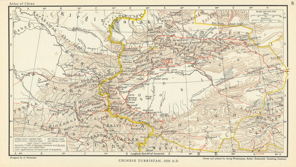 Chinese Turkistan 1820 AD. Western China & Central Asia. Kazakhstan 1935 map