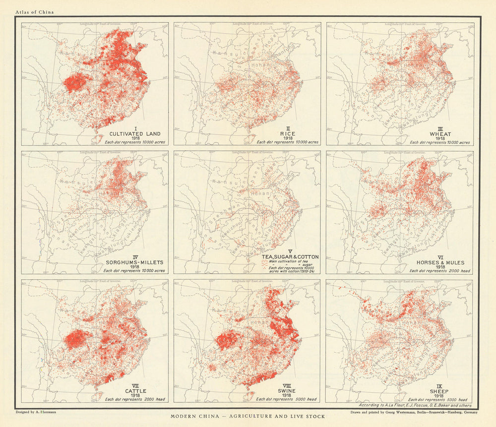China Agriculture Livestock Rice Wheat Tea Sugar Cotton Cattle Sheep 1935 map