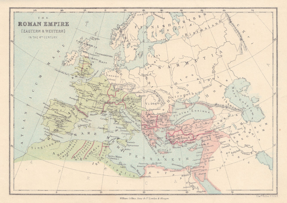 Europ Map Rome 4TH CENTURY EUROPE Roman Empire Eastern Byzantine & Western. COLLINS ...