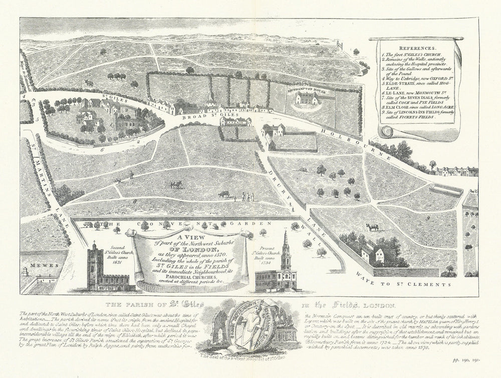 St Giles in the Fields in 1570 after Vertue/Agas. Drury Lane Holborn  1908 map