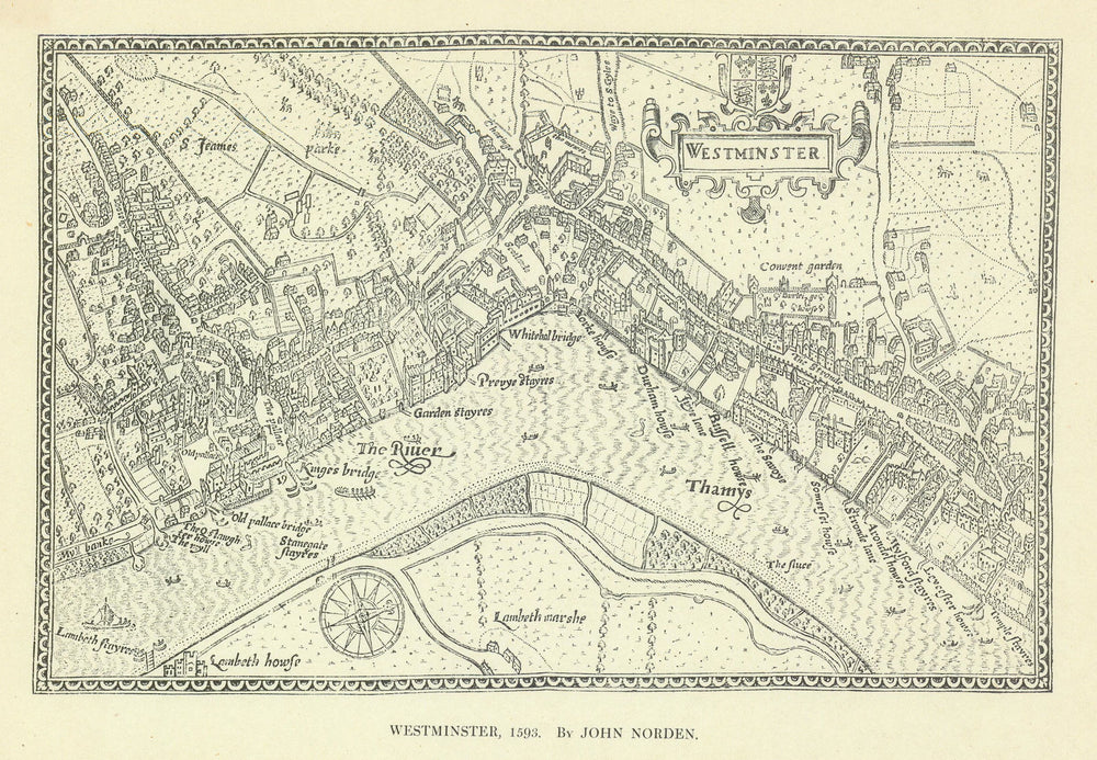 Westminster in 1593 after John Norden. London Covent Garden St James's 1908 map