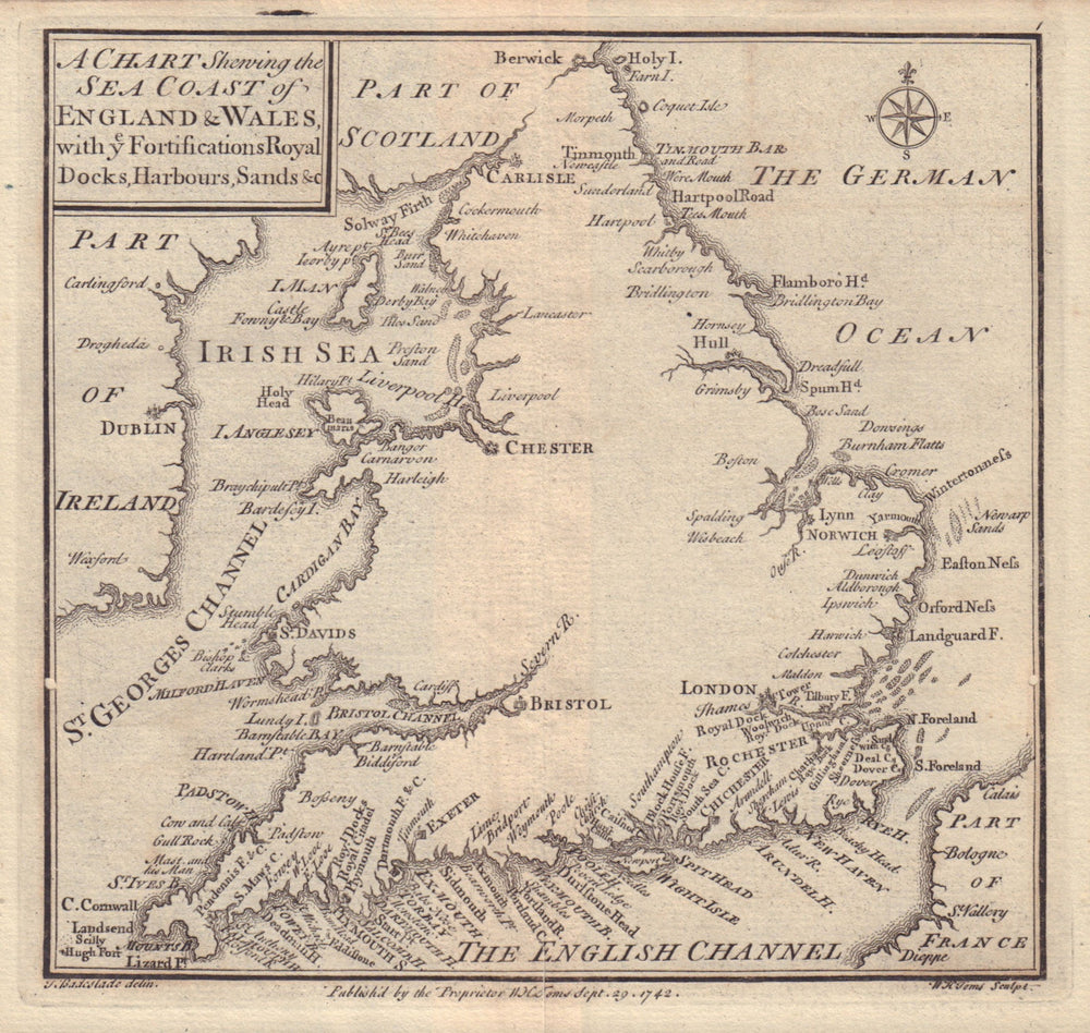 "A chart showing the sea coast of England & Wales…" by Badeslade & Toms 1742 map