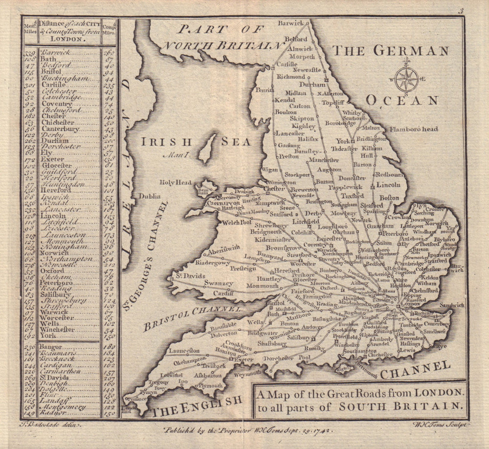 "The Great Roads from London…". Badeslade & Toms 1742 old antique map chart
