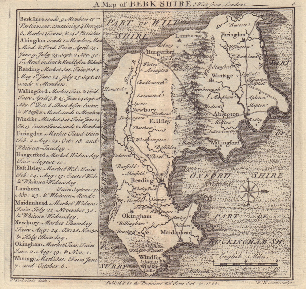 Antique county map of Berkshire by Badeslade & Toms. West orientation 1742