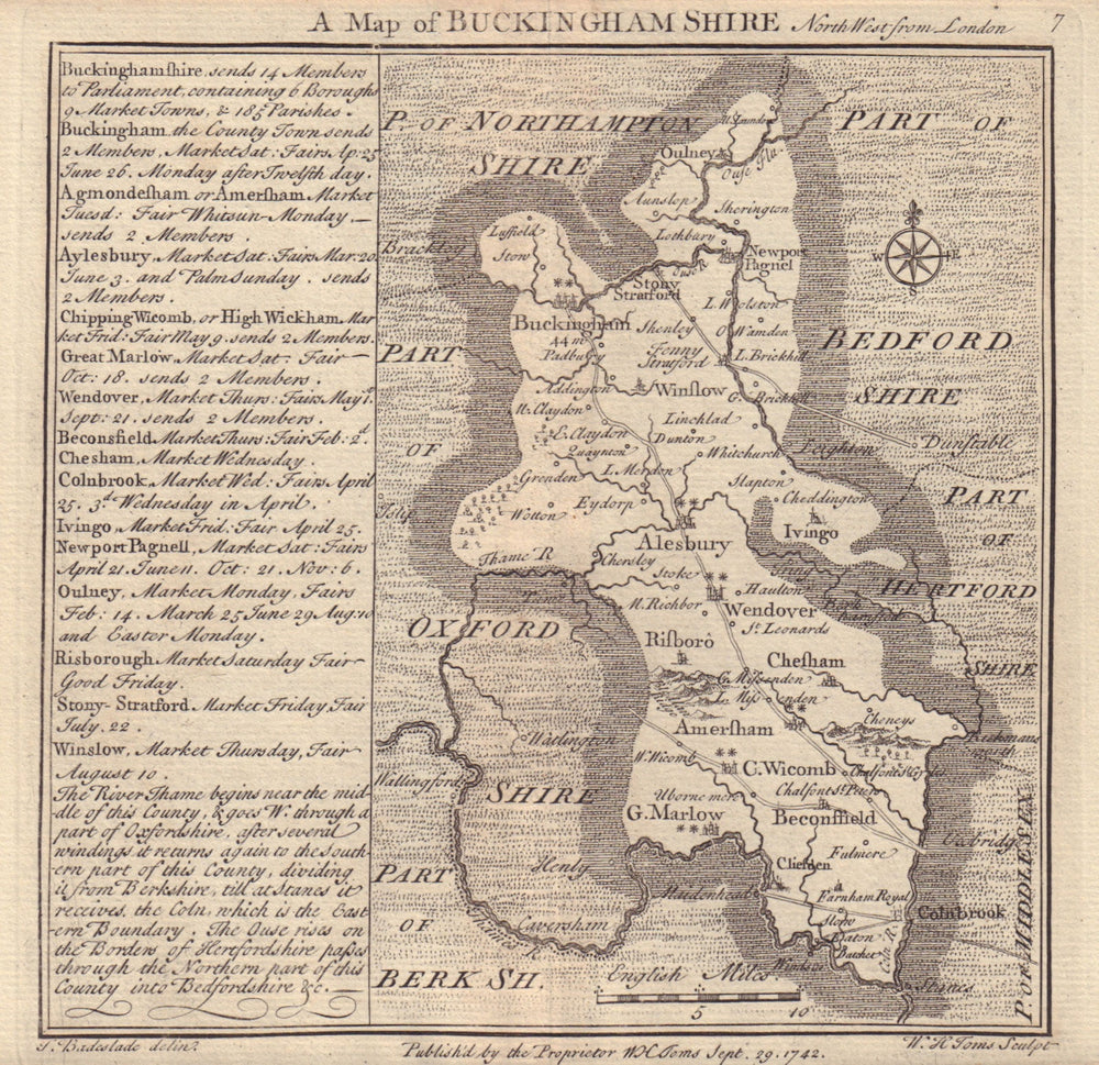 Antique county map of Buckinghamshire by Badeslade & Toms 1742 old