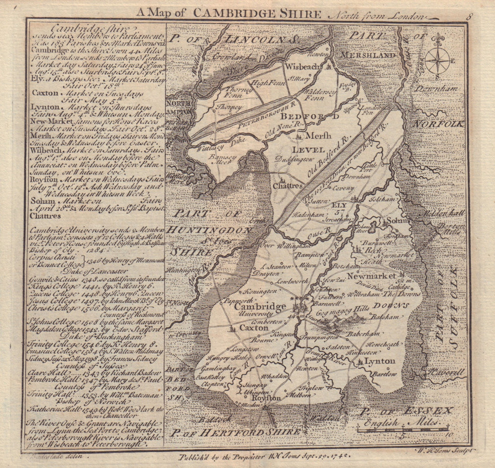 Antique county map of Cambridgeshire by Badeslade & Toms 1742 old