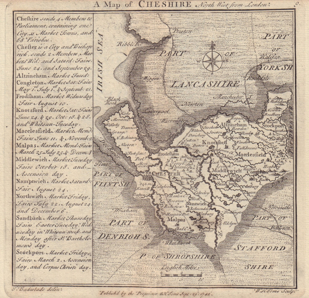 Antique county map of Cheshire by Badeslade & Toms 1742 old chart