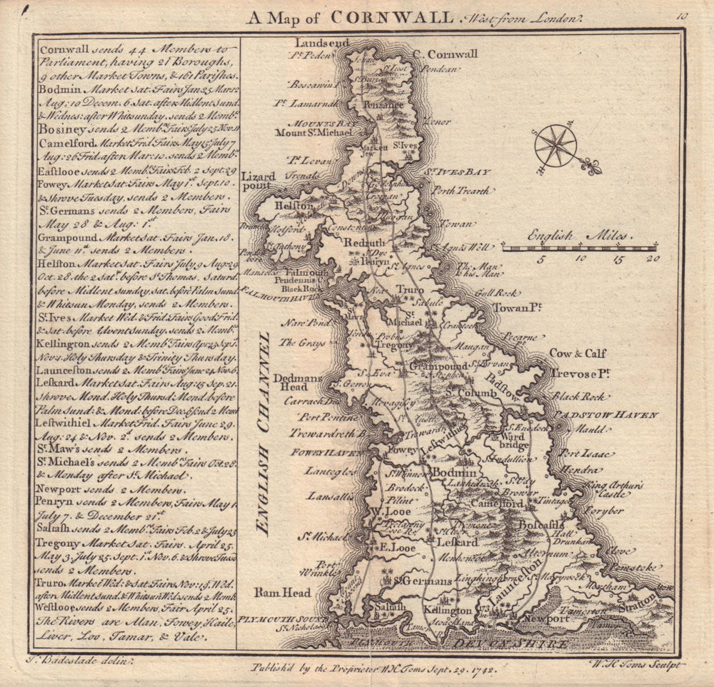 Antique county map of Cornwall by Badeslade & Toms. South West orientation 1742