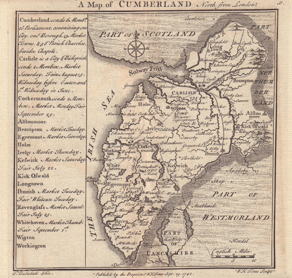 Antique county map of Cumberland by Badeslade & Toms. Cumbria 1742 old