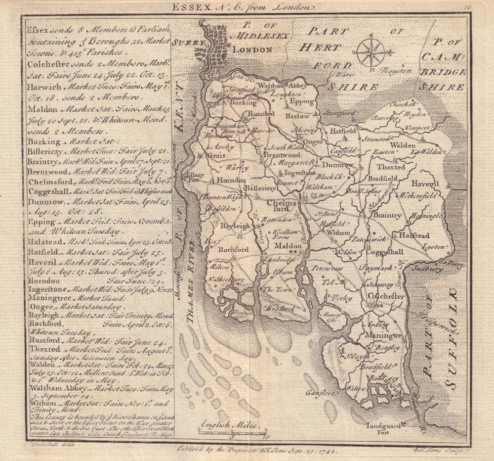 Antique county map of Essex by Badeslade & Toms. East orientation 1742 old
