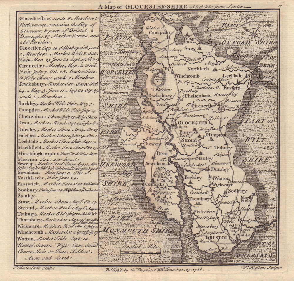 Antique county map of Gloucestershire by Badeslade & Toms. NE orientation 1742