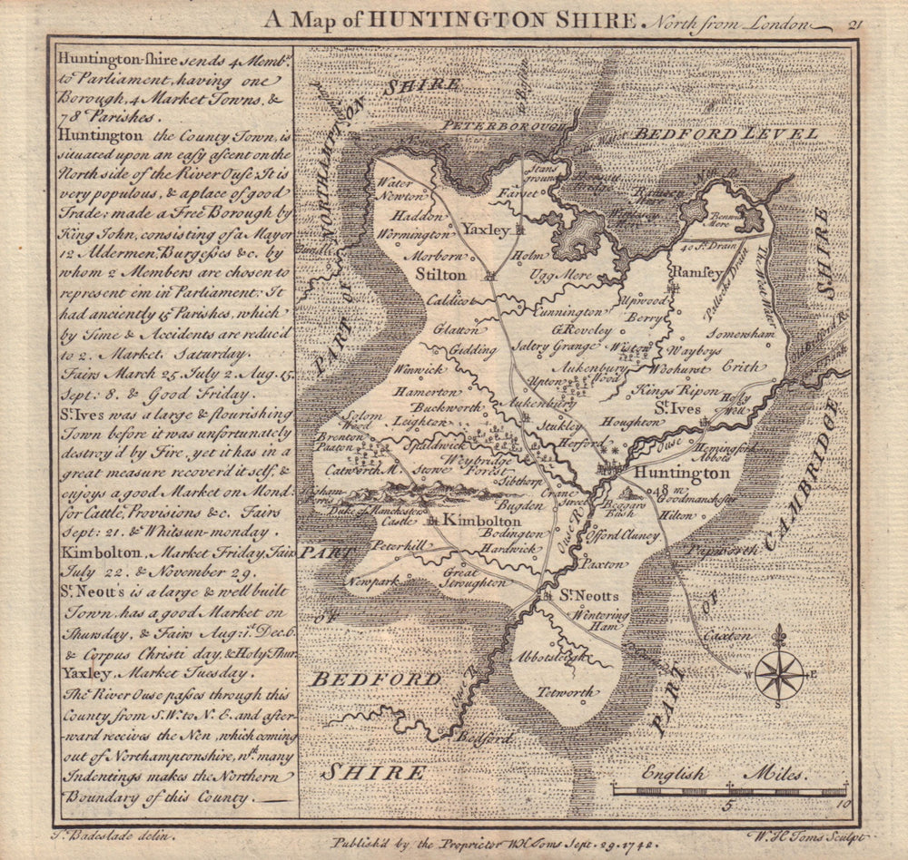 Antique county map of Huntingdonshire by Badeslade & Toms 1742 old