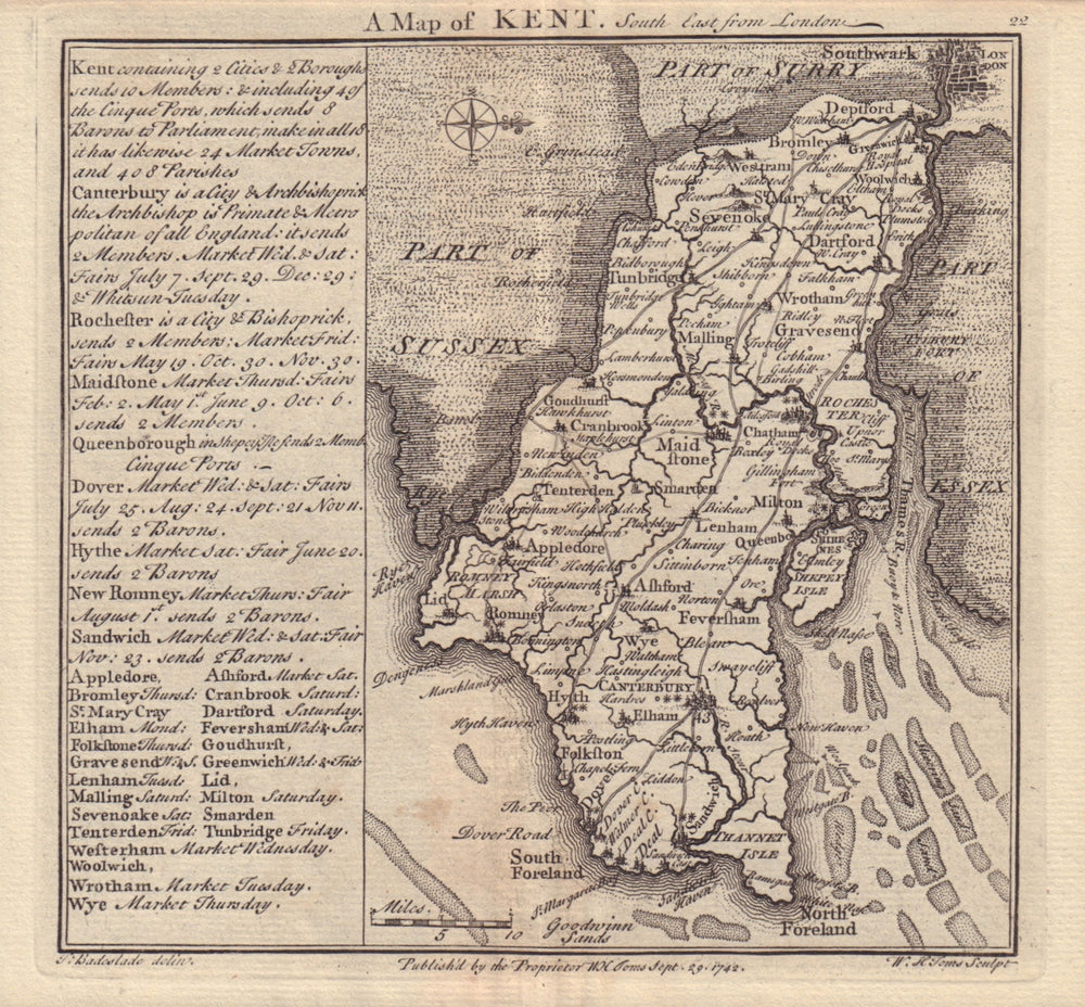Antique county map of Kent by Badeslade & Toms. West orientation 1742 old