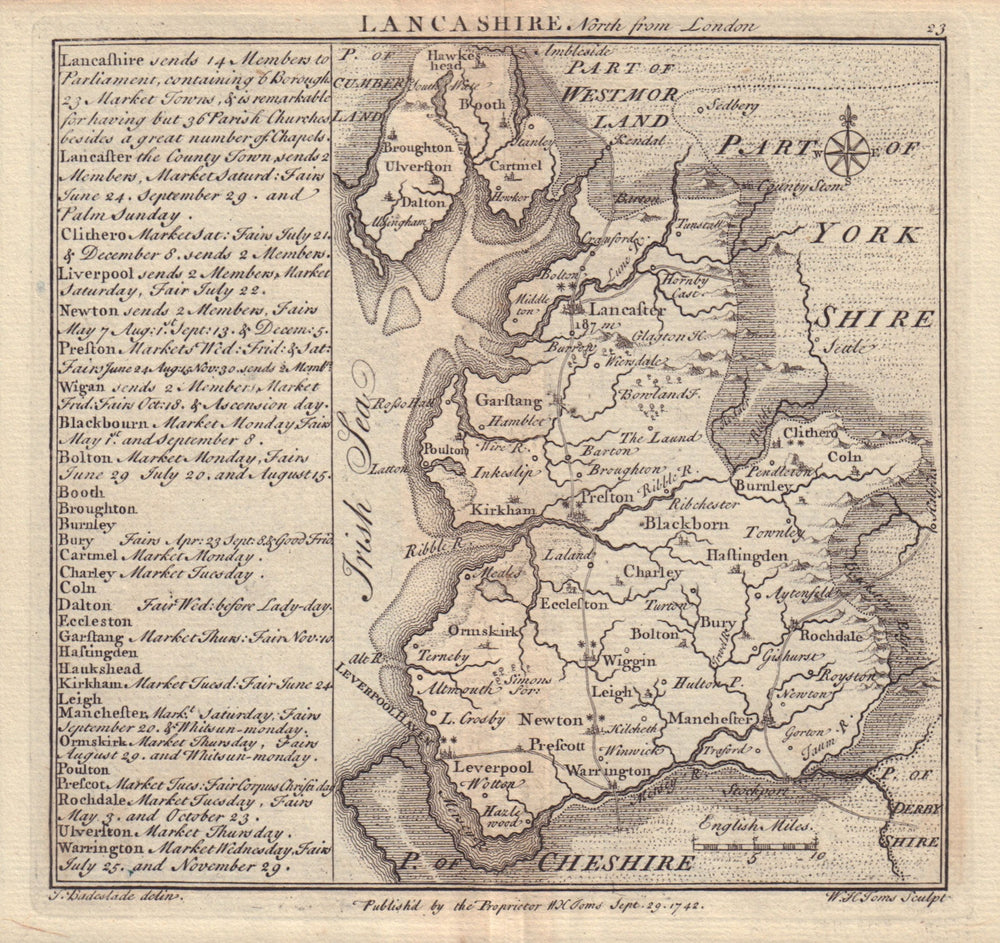 Antique county map of Lancashire by Badeslade & Toms 1742 old
