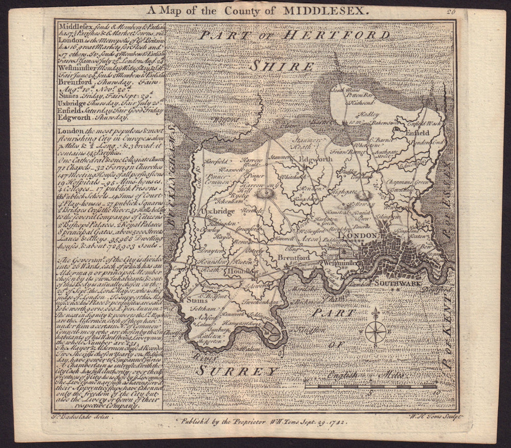 Antique county map of Middlesex by Badeslade & Toms 1742 old chart