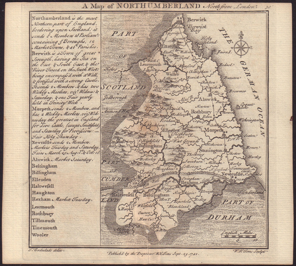 Antique county map of Northumberland by Badeslade & Toms 1742 old