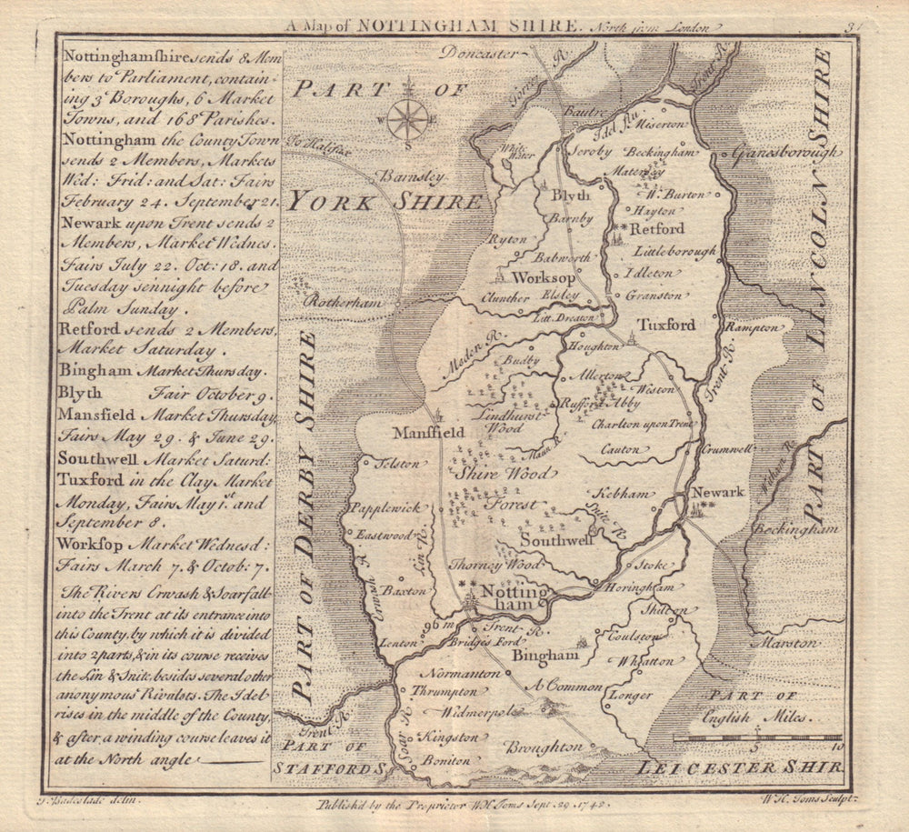Antique county map of Nottinghamshire by Badeslade & Toms 1742 old