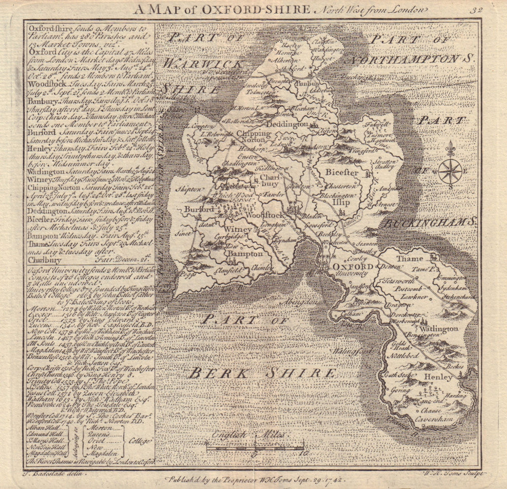 Antique county map of Oxfordshire by Badeslade & Toms 1742 old