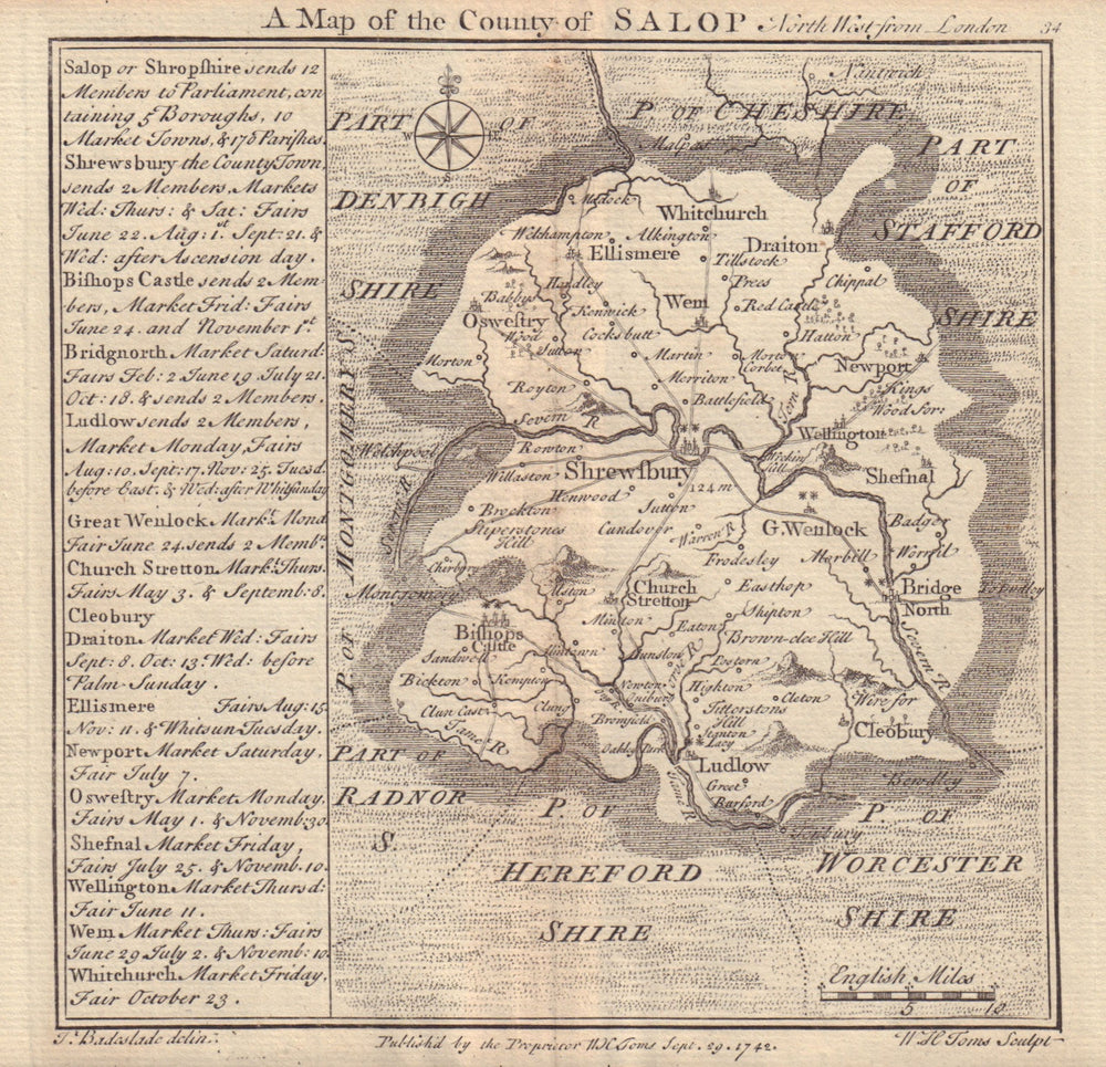 Antique county map of the county of Salop by Badeslade & Toms. Shropshire 1742