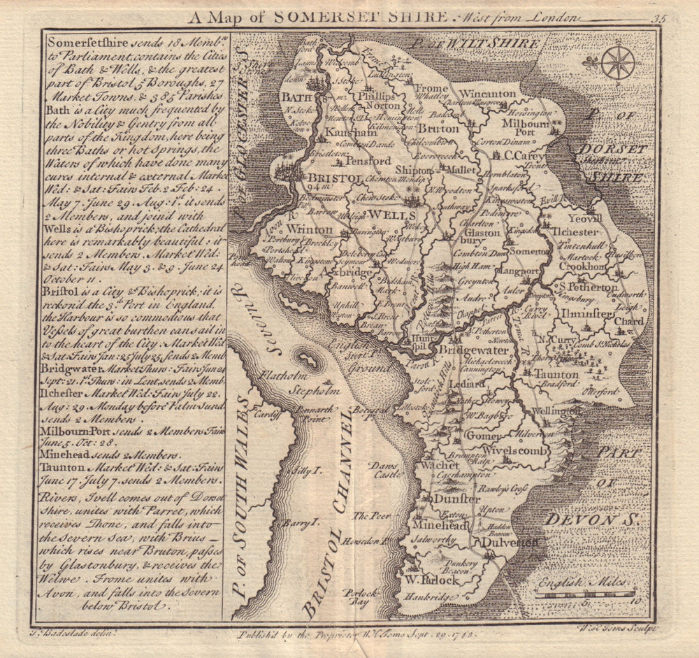 Antique county map of Somersetshire by Badeslade & Toms. East orientation 1742