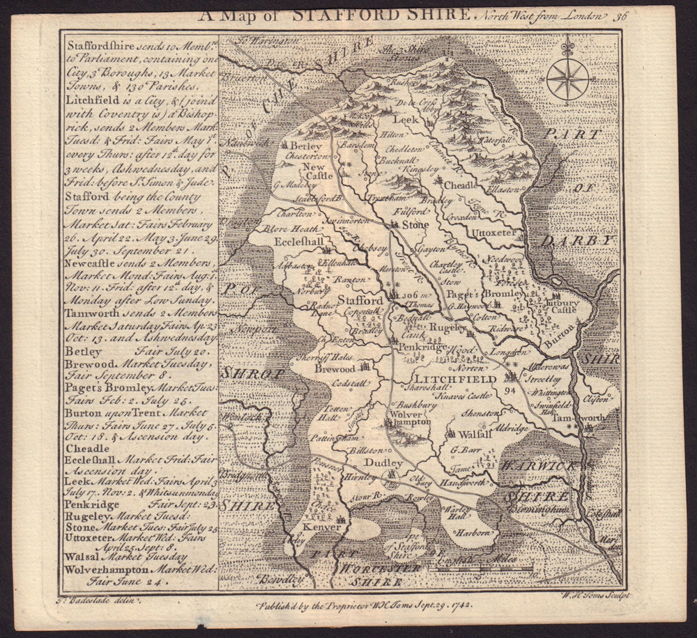 Antique county map of Staffordshire by Badeslade & Toms 1742 old