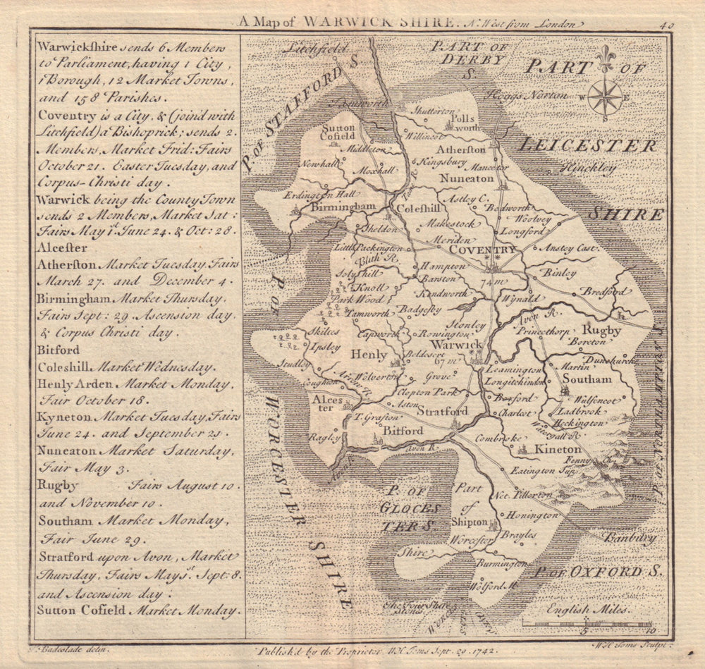 Antique county map of Warwickshire by Badeslade & Toms 1742 old