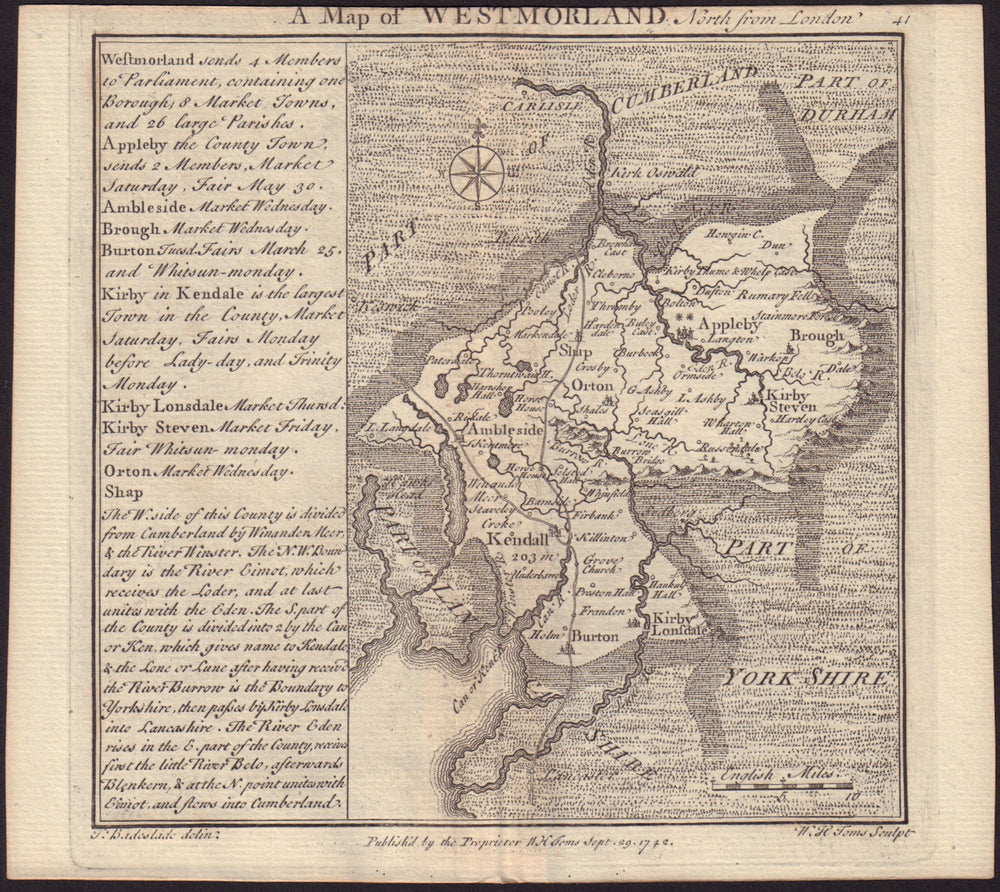 Antique county map of Westmorland by Badeslade & Toms. Westmoreland Cumbria 1742