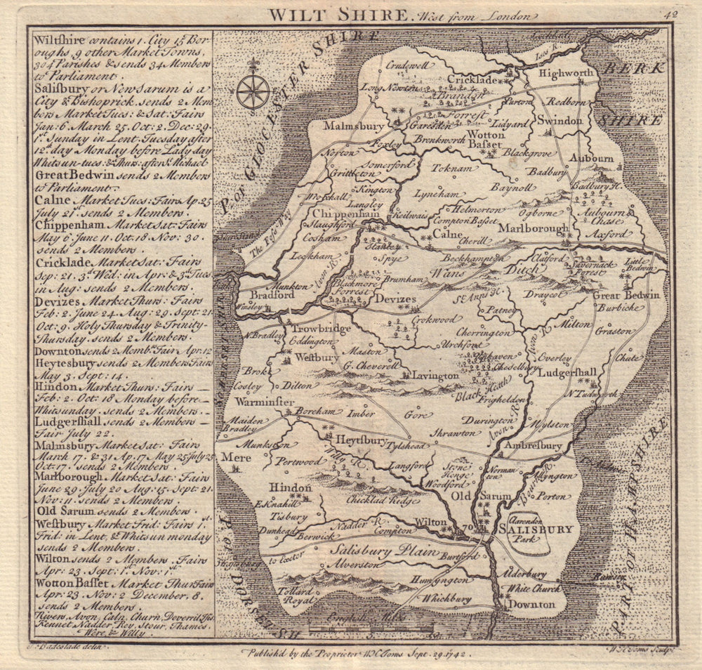 Antique county map of Wiltshire by Badeslade & Toms 1742 old chart