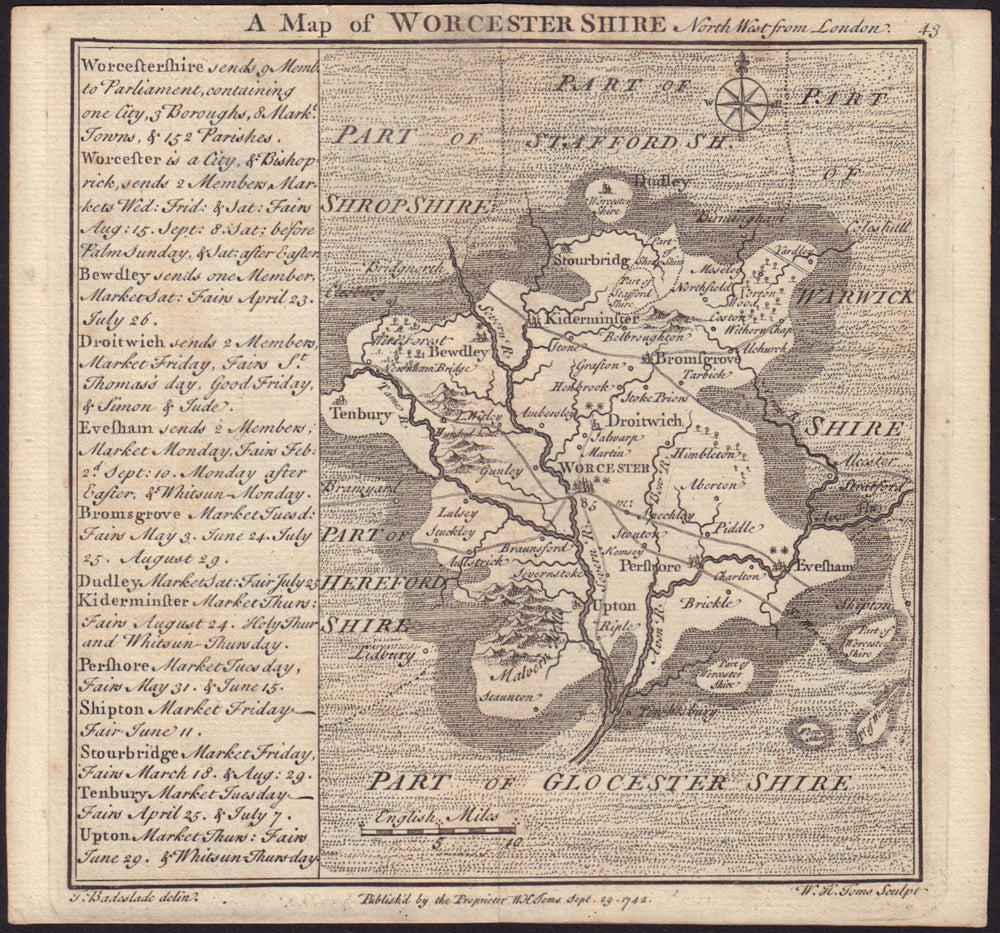 Antique county map of Worcestershire by Badeslade & Toms 1742 old
