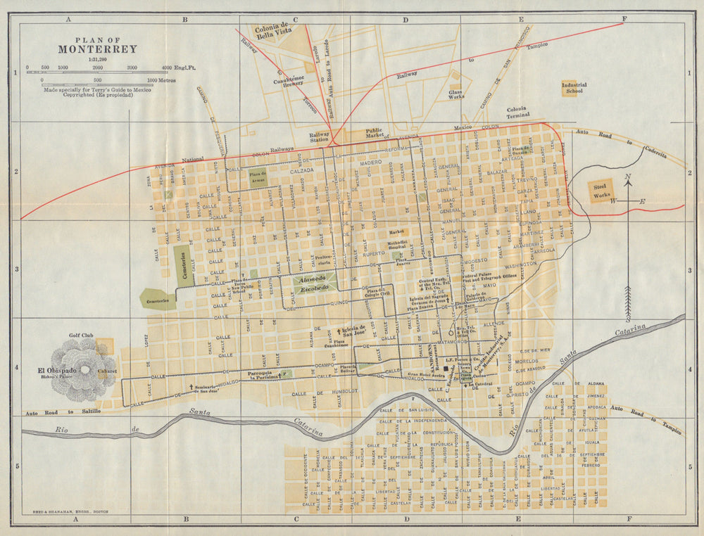 MONTERREY city/town plan. Mexico. Mapa de la ciudad. City/town plan 1938