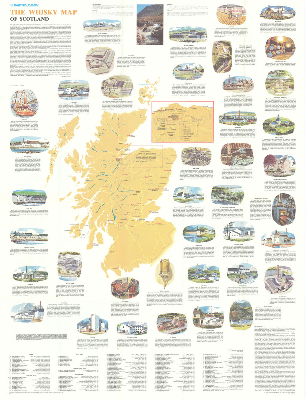 Pictorial Whisky Map of Scotland. Scotch. Distilleries 100x76cm BARTHOLOMEW 1976
